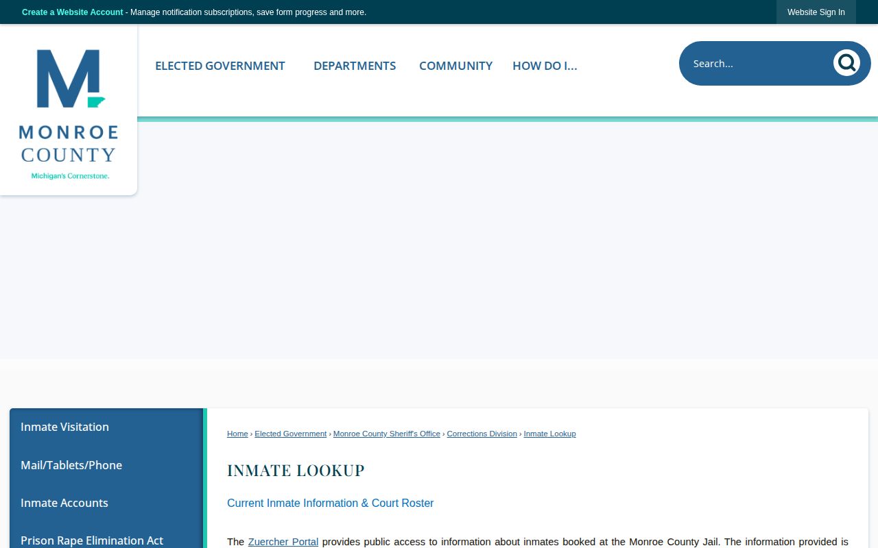 Monroe County official Inmate Lookup page leading to the jail roster