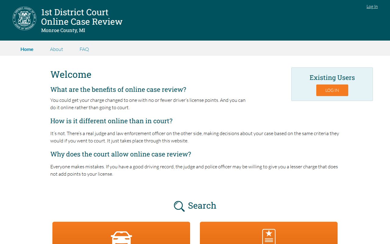 Monroe County 1st District Court online warrant search interface