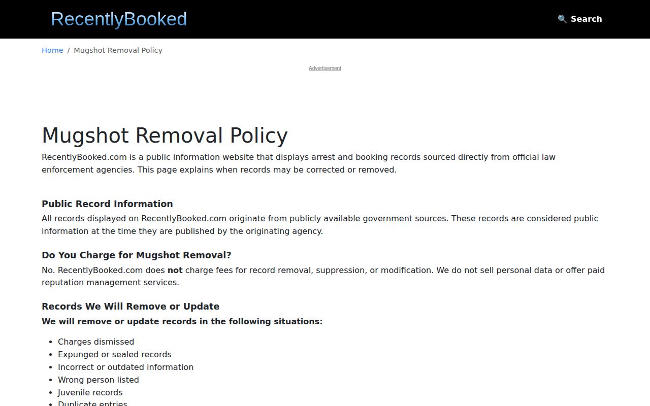 RecentlyBooked free record correction and removal policy page